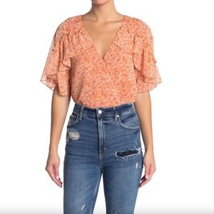 Lush | Surplice Ruffle Bodysuit | Orange Apricot Pattern Size Medium